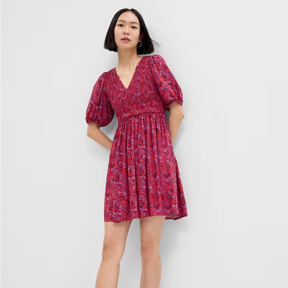 Floral Red Puff Sleeve Dress Gap Size Small Purple Flowers